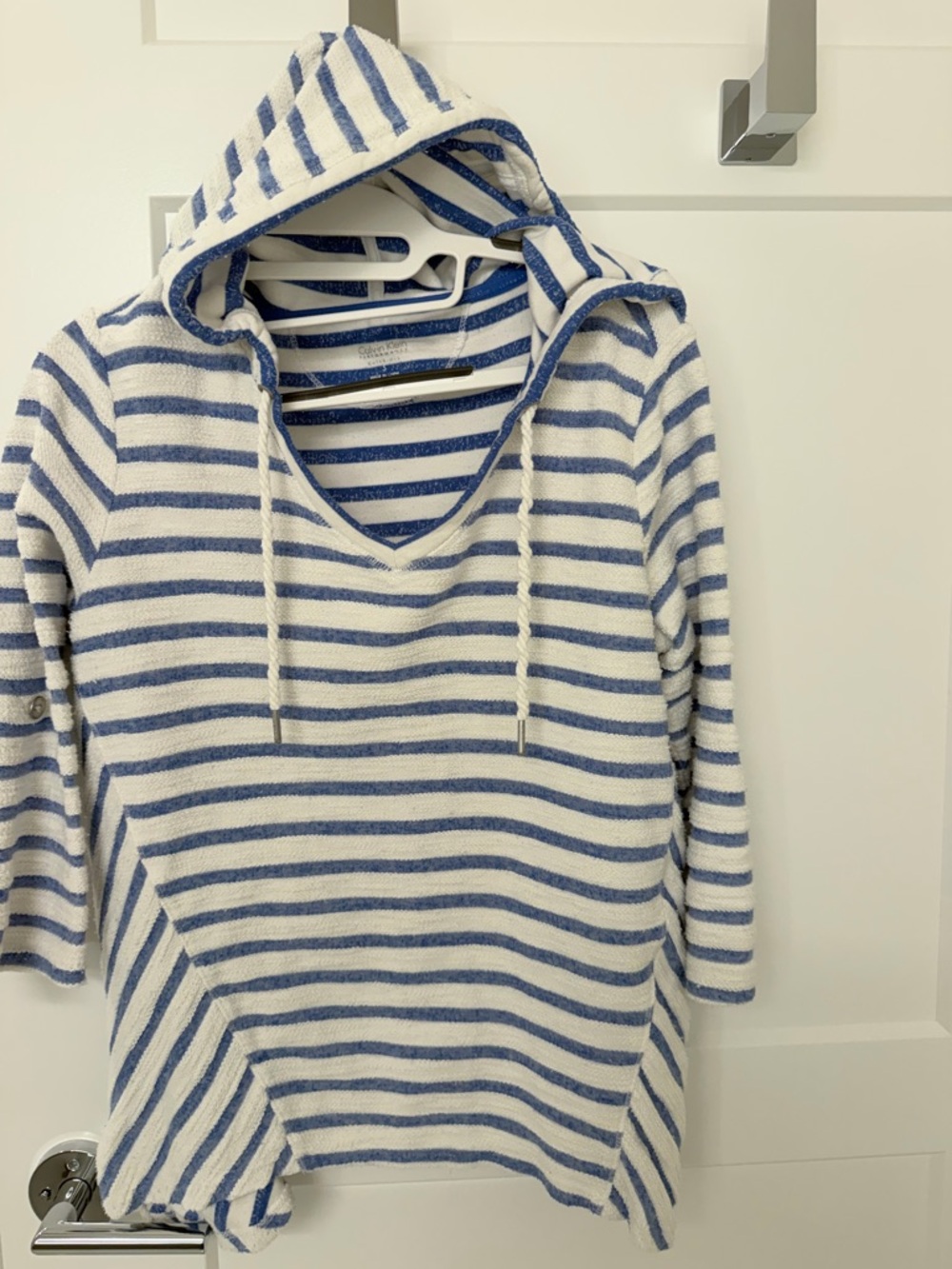Calvin Klein Blue & White Striped V‑Neck Hoodie Sweater